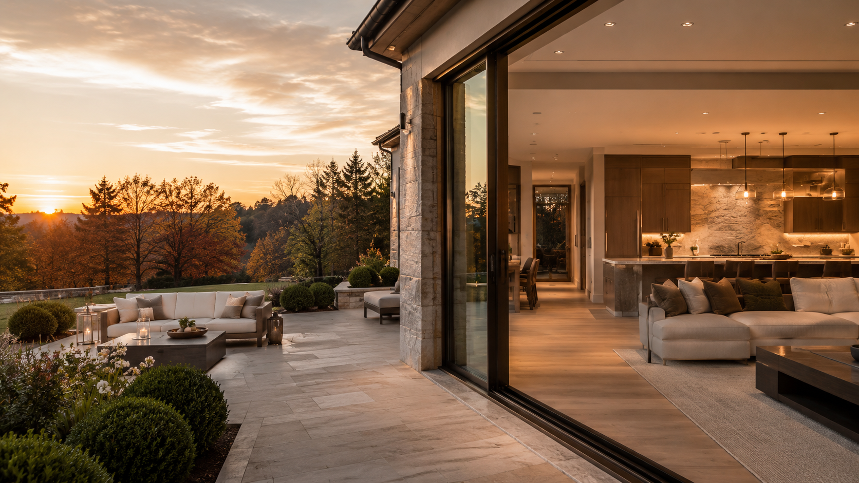 Refined residential renovation opening to a landscaped patio at golden hour